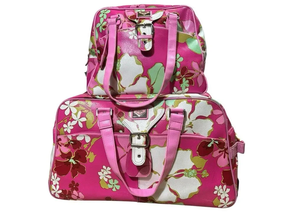 Vintage Y2K Roxy Rolling Duffle Bag And Overnight Bag Pink Floral Pattern